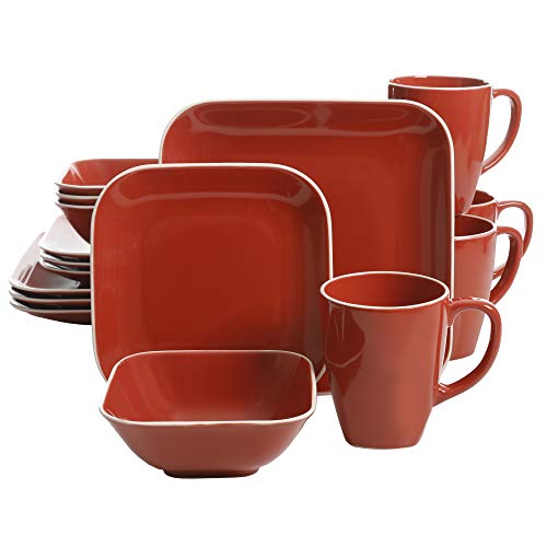 Gibson Overseas, Inc. Gibson Home Dance Dinnerware Set Soft Square Stoneware (16 Piece), Red, 16Pc #TOP14