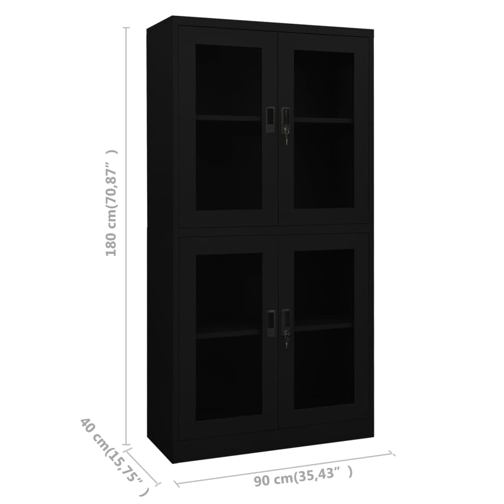 vidaXL Armario Oficina Mueble Archivador Armario Almacenamiento Archivos Documentos Organizador de Acero y Vidrio Templado Negro 90x40x180 cm