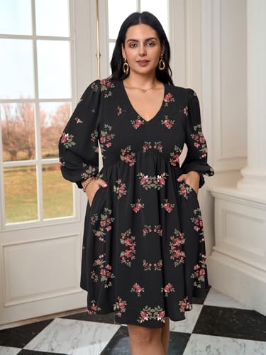 Plus Size Floral Mini Casual Dress with Pockets Long Sleeve V Neck Smocked Flowy Fall Dress for Curvy Women3