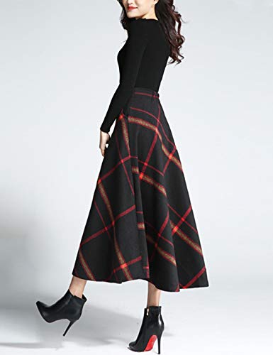 Tanming Women's Winter Warm Elastic Waist Wool Plaid A-Line Pleated Long Skirt4