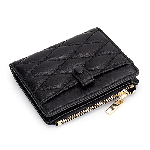 Image of Karoukee Modern Quilted Soft Lambskin Wallet for Women - Slim Bifold Womens Credit Card Holder with Coin Pocket (Black)