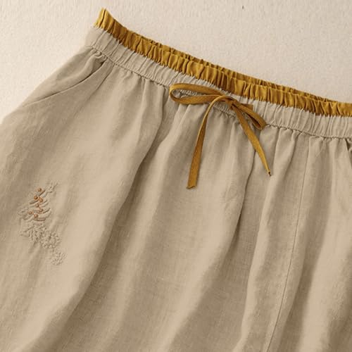 Women's Cotton Linen Midi Long Skirt with Pockets Embroidery Floral Casual Flowy Swing Skirts for Casual Loungewear4