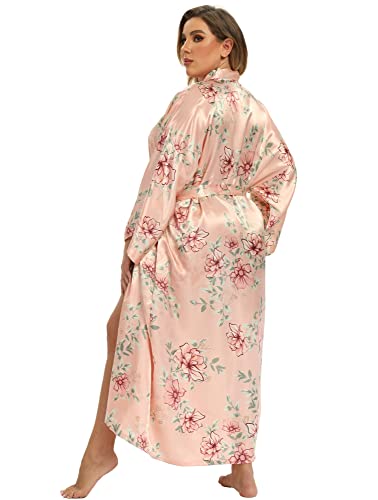 Image of Women's Floral Long Satin Robes Plus Size Long Silk Robes Peacock Floral Kimonos Sleepwear Dressing Gown