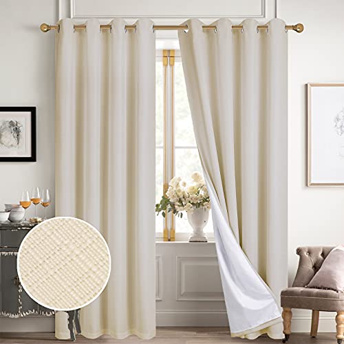 Diraysid 100% Blackout Curtains Light Beige Linen Curtains for Bedroom Grommet Thermal Insulated Room Darkening Drapes (2 Panels, W52 x L84 Inch)