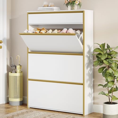 HEXCELEN Meuble à Chaussures Étroit avec 3 Battants, Étagère à Chaussures avec Tiroir, Meuble à Chaussure, Séparateur Réglables, 18 à 24 Paires, pour...