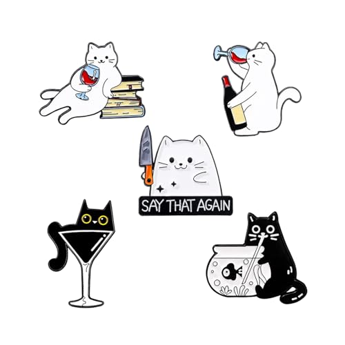 Image of White & Black Cat Enamel Lapel Pins for Women Girl Cute Animal Enamel Brooch Pins for Jackets Playful Cat Enamel Brooch Badge DIY Accessories Decor