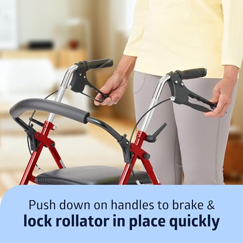 image for Medline Steel Rollator Walker with Seat, red, 300 lb. Weight Capacity,