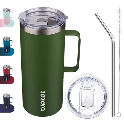 BJPKPK Insulated Coffee Mug with 2 Lids, 32oz Stainless Steel Insulated Tumbler with Handle, Double Wall Vacuum Coffee Cups, BPA Free Travel Mug for Coffee, Tea and Drinks, Forest Green