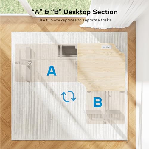 Image of HUANUO 63″ L-Shaped Standing Desk, Built-in Power Outlets, Electric Height Adjustable Corner Computer Desk, Large Power Strip Holder, Sit Stand Up Desk with 3 Preset Heights, Natural Wood