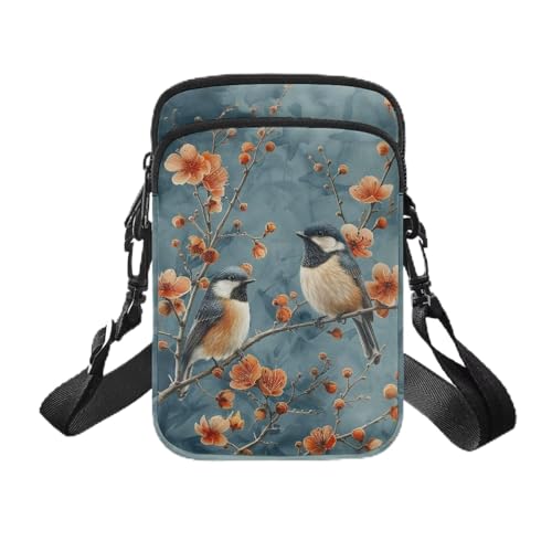 Pynewomyt Vintage Flower Bird Print Phone Purse for Women Crossbody Bags Small Shoulder Purse Portable Sling Bag Cellphone Wallet Key Credir Card Holder