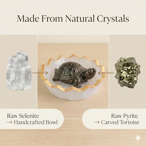 Image of Certified Natural Pyrite Tortoise (Kachhua) with Natural Selenite Charging Bowl - Vastu Feng Shui Wealth, Money Attraction, Positive Energy & Home Decor Crystal Set