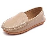 LONSOEN Kids Loafers for Toddler and Little Kids Easy Wear PU Leather Slip-On Dress Shoes Comfy Oxford Flats for Boys and Girls,Size 5 Toddler,Khaki,SHF103 CN21