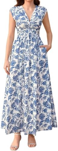 XinFSh Women's Summer Floral Wedding Guest Maxi Dress Flowy V Nec...