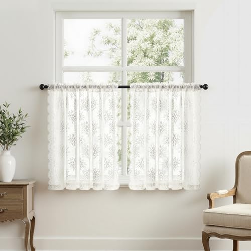 Image of MIULEE Vintage Floral Scalloped Lace Curtains 2 Panels, White 52 inch W x 36 inch L