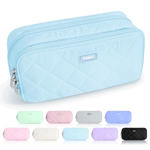 Image of Sooez Large Pencil Case Pouch, Extra Big Pencil Bag with 8 Compartments, Pen Bag Wide Opening, Soft Quilted Pencil Pouch Organizer with Zipper, Portable Pencil Case for Teen Girls, Sky Blue