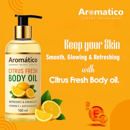 Image of AROMATICO Citrus Fresh Body Oil for Women | Dry Skin-Deep Hydration Formula for Glowing Skin in the Winters | Non-Sticky Texture, for Daily Use after Bath | Cozy & Creamy Fragrance - 100ml
