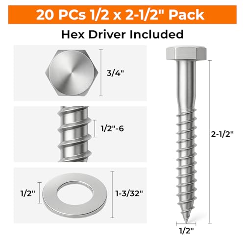 1/2 x 2-1/2 Lag Bolts, 20 PCs Heavy Duty 304 Stainless Steel Wood Lag Screws for Deck Framing Outdoor Projects, SS Hex Head by Party Animals - Image 2