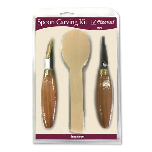 Image of FLEXCUT Wood Carving Tools |Spoon Carving Tools for Beginners and Professionals | Includes Stub Sloyd, Bevel Sloyd Hook Knife & Spoon Blank | 1095 High Carbon Steel Blade | KN70 | Made in the U.S.A.