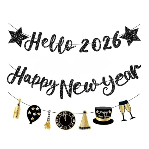 3Pcs Happy New Year 2026 Decorations Kit,Glitter Happy New Year Banner Star Hello 2026 Bunting Banner Black & Gold Champagne Clocks Balloons Sign Garland for Party Home New Years Eve 2026 Decorations