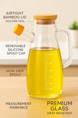 Image of Cooking Seasoning Bottle Glass Oil Dispenser and Stoppers Bottle with Handle,and Wooden Lid Capacity: 900 ml, Transparent (Pack of 1) (wooden lid)