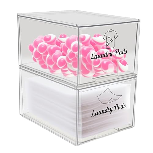 Laundry Pods & Secadoras Contenedores – Juego de 2 unidades transparentes con cajón y tapa, vainas de lavandería, caja de almacenamiento para cápsulas de detergente, hojas de suavizante, organizador
