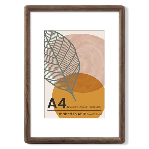 Axeman A4 ウォールナット材木製フォトフレーム、丸みを帯びた角、ほぞ組構造、A5サイズの写真用マット付き（フレーム外寸A4）、強化ガラス、卓上飾り対応