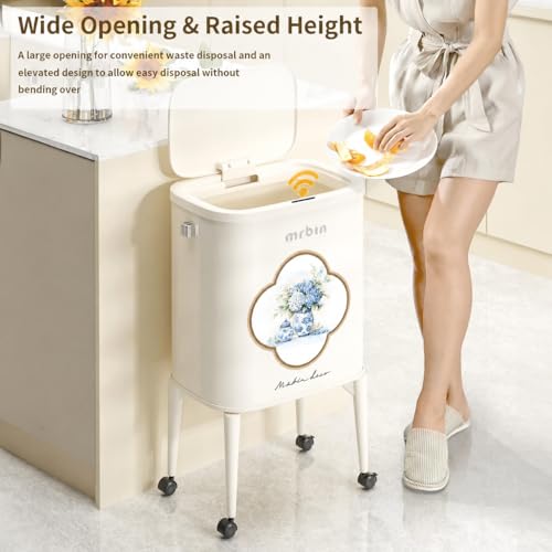 Image of MRBIN Metal Motion Sensor Kitchen Trash Can with Wheel Legs, 36L / 9.5gal Slim Waste Basket with Lid, Narrow Garbage Pail for Vanity, Living Room, Bathroom, Bedroom, Blue and White Porcelain