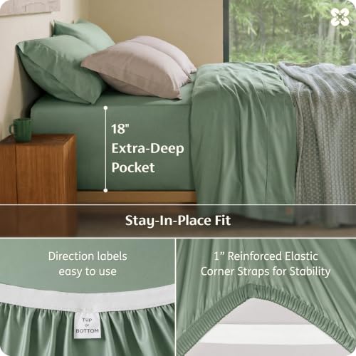 Image of Bedsure 100% Organically Grown Bamboo Viscose Queen Sheet Set | Cooling Bedsheets for Hot Sleepers | Luxury Silky Soft PureWoven | 18 inch Deep Pocket with Corner Straps | Oeko-Tex Certified [Sage Green]