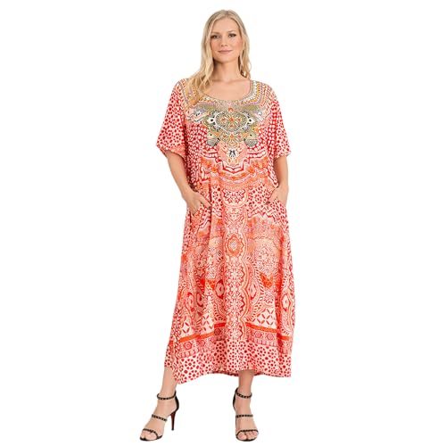 Image of Miss Lavish London Kaftan Dresses for Women Beach Coverups Plus Size V Neck Summer Caftan Maxi Dress, Red African Print Resort Wear with Batwing Sleeves, Side Slit & Pockets on Both Sides-Red-XL