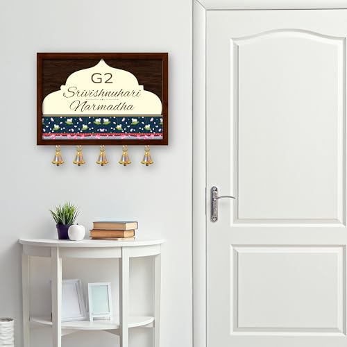 Image of Customised Name Plate for Home Entrance | Wooden Door Name Plate with Brass color Bell & Matte Finish for Home Decor | Personalized with Name & Apartment Number | 10x14 inch | Housewarming Gift (WOODEN BROWN)