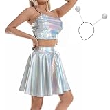 Damen-Kostüm aus glänzendem holografischem Kunstleder, Club-Kleid, Halloween, Alien, Cosplay, Wetlook, bauchfreies Top + ausgestellter Faltenrock + Stirnband, Bühnenmusik, Holografisch – Riemen, 42