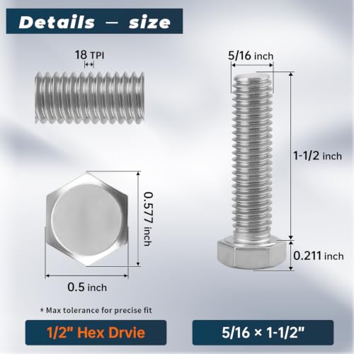 Image of 10 Sets Glvaner 5 /16-18 x 1-1 /2 inch Stainless Steel Hex Head Screws Bolts, Nuts, Flat & Lock Washers, 18-8 (304) Stainless Steel, Full Thread, Coarse Thread