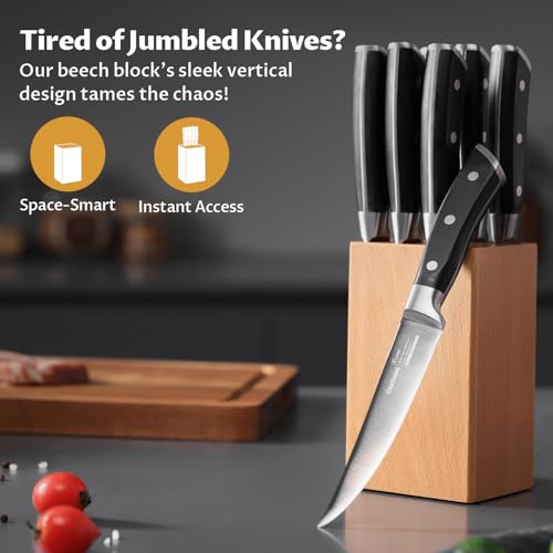 OAKSWARE Steak Knives Set of 8, Non Serrated Steak Knives with Block, 5 inch German Stainless Steel Straight Edge Steak knife with Full Tang Handle, Rust Resistant & Easy to Maintain - immagine 3