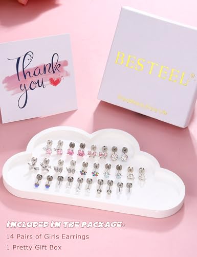 BESTEEL Silver Hypoallergenic Earrings for Girls Ages 8-12, Screw Back Stud Earrings for Kids, Cute Flat Back Surgical Steel Earring for Little Girl Sensitive Ears, Tiny Screwback Toddler Earrings Set4