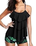 Holipick Women Black Leaf Tankini Swimsuits with Boy Shorts Ladies Tummy Control Two Piece Bathing...