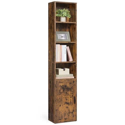 VASAGLE Librería, Estantería Vertical de 6 Niveles, con Puerta, 24 x 31,8 x 175 cm, para Salón, Estudio, Oficina, Comedor, Marrón Rústico LBC401K01