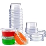 GUSTO 2 oz Jello Shot Cups with Lids [50 Count] Clear Plastic Portion Containers, Condiment Cups for Sauces, Dressings & Samples – Durable, Stackable, Leak-Resistant (Formerly Comfy Package)