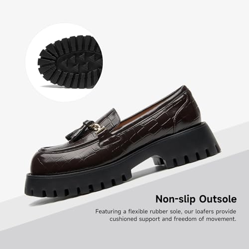 Image of BEAU TODAY Chunky Loafers for Women,Womens Platform Loafer Shoes,Chunky Heel Lug Sole Slip-on Metal Chain Shoes,Comfort Round Toe Business Work Office Shoes