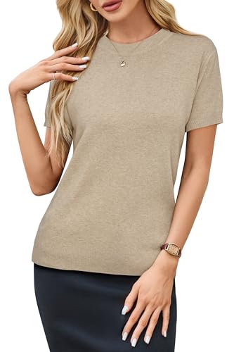 Image of Arach&Cloz Women's Lightweight Wool Blend Short Sleeve Sweater Top Business Casual