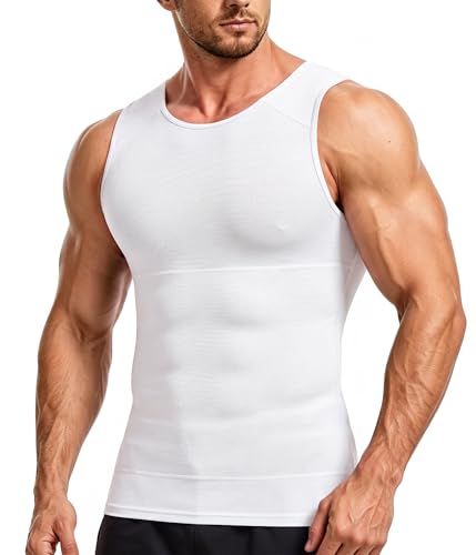 TAILONG White Compression Shirt Men - Slimming Undershirt for Gynecomastia & Tummy Control Shapewear- Breathable Body Shaper Workout Tank Top