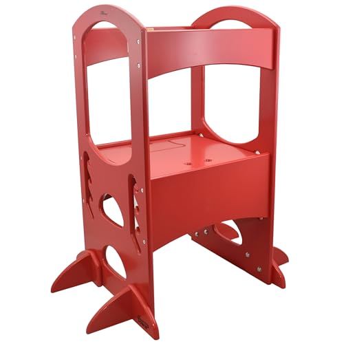 Little Partners Kids Learning Tower, Toddler Tower Adjustable Height Kitchen Step Stool, Encourages Learning, Independence, and Engagement, Safety Climbing Tower for Counter (Red)