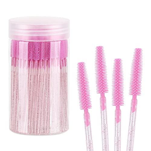 Tbestmax 100 Pcs Silicone Mascara Wands, Disposable Eyebrow Spoolies Brush For Eyelash Extensions, Pink Crystal Lash Brushes With Container #TOP7