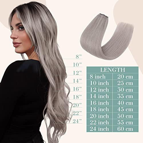 Image of Clip in Remy Hair Extensions Human Hair Grey for Women 20 inch 70g Light Long Seamless Clip on Real Hair Skin Weft Rooted Clips Hairpiece 8pcs Weft Long Straight Full Head