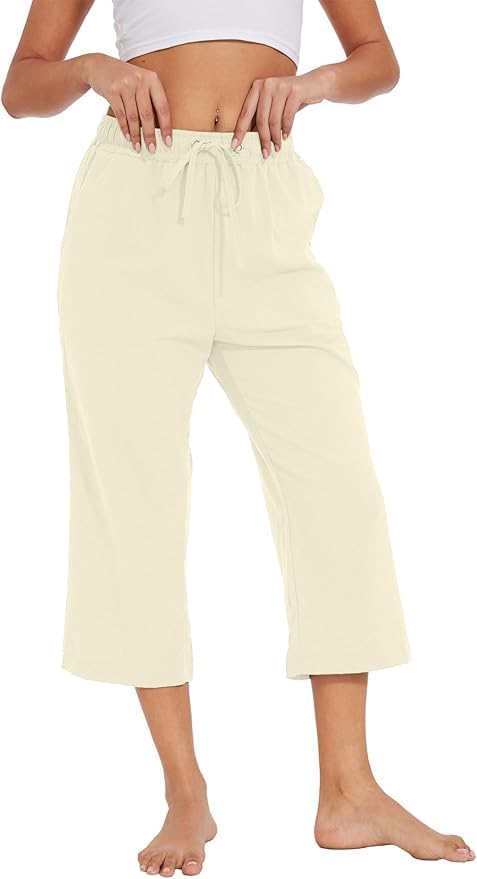 Women's 2025 Summer Capris Pants Causal Drawstring Elastic Waist Pants Lightweight Lounge Beach Trousers with Pockets3