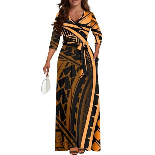 QOPECUOY Puletasi Samoan Traditional Dress Orange Women Polynesian Outfit Womens Fall Dress with Pockets Sex Island Style Bodycon Traditional Havana Nights Dresses 3/4 Sleeve Maxi Bubu Dresses XL