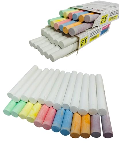 Set di 24 Gessi Bianchi e Colorati per Lavagna Gessetti 6 Colori + Bianco ad Alto Contrasto per Scuola Ufficio Studio Artigianato Disegno Gessi Colorati e Bianchi Gessetti Lavagna