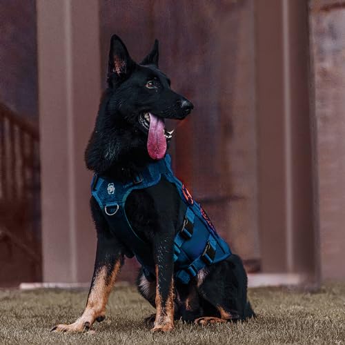 OneTigris Hundegeschirr Mittelgroße Hunde, AIRE MESH Taktisches Anti Zug Geschirr mit 2 Griff Verstellbar Brustgeschirr No Pull Dog Harness Atmungsaktiv Blau M