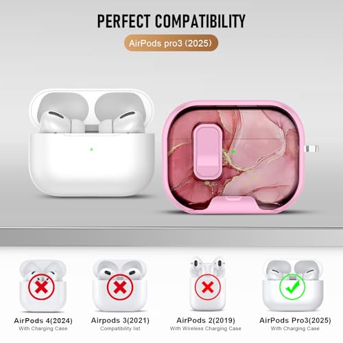 Image of Compatible Airpods Pro 3 Case (2025) with Phone Stand & Cleaner Kit,Print Soft Silicone Lock Clip Apple AirPods Pro 3rd Generation Case, Airpod Pro 3 Cover with Keychain for Women /Girls,Pink Marble
