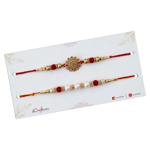 Image of eCraftIndia Set of 2 Peach, Green & Golden Pearls, Designer Rakhis | Roli Chawal Pack