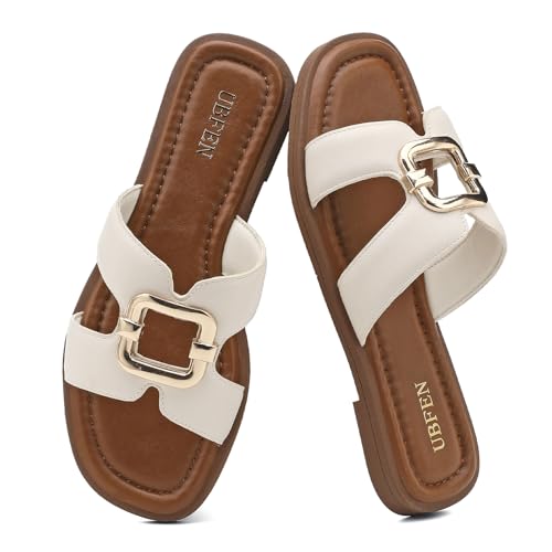 Image of UBFEN Womens Square Toe Flat Sandals Slides Dressy Comfortable for Beach